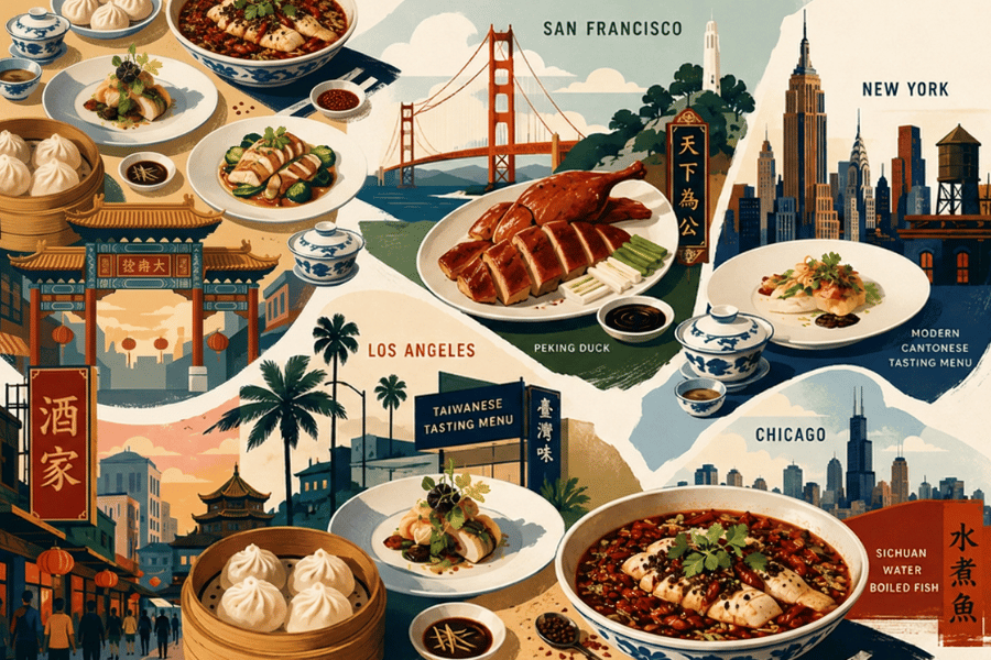 Vibrant collage of Chinese dishes and iconic cityscapes from around the world.